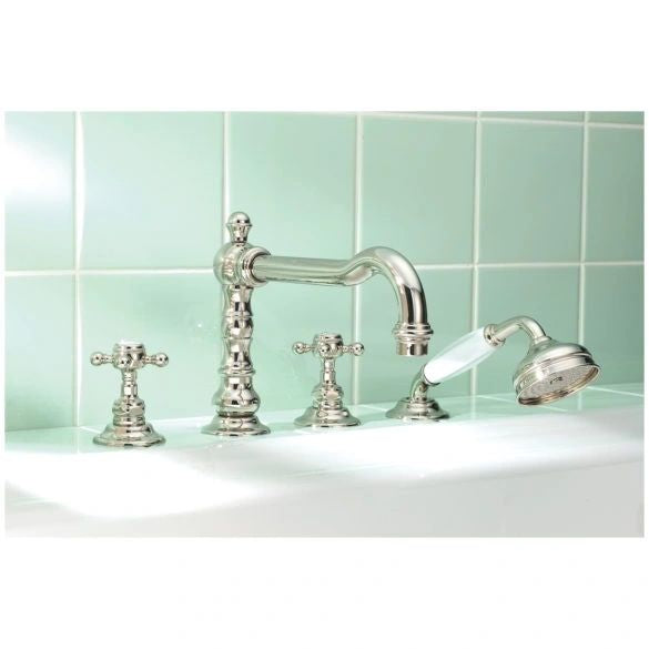 HORUS Julia 4-Hole Deck Tub Shower Set With Cross Handle; Polished Nickel